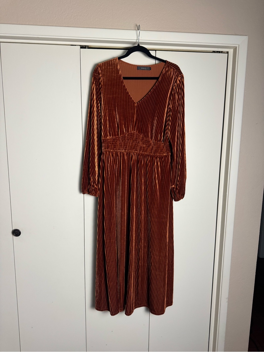Long Sleeve Velvet Midi Dress in Rust Brown with V-Neck